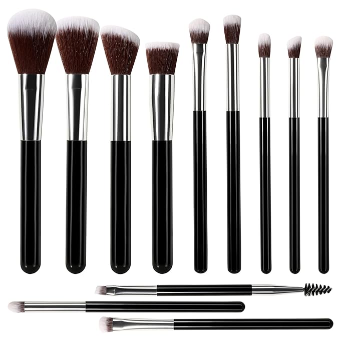 Makeup Brush Set, 12 Pieces Makeup Brushes,Travel Brushes in Black For Foundation, Concealer, Powder Eyeshadow Ideal for Students &Beginners