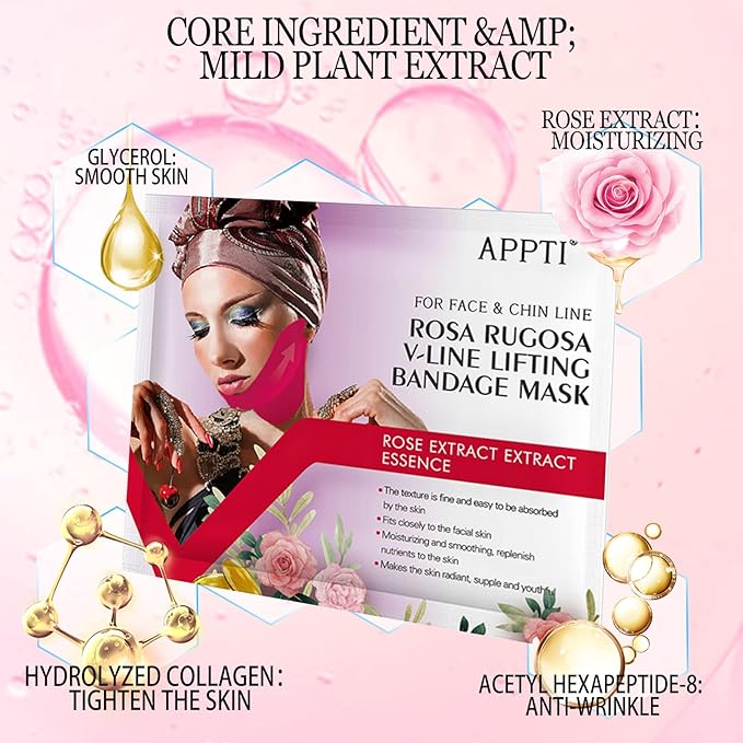 AppXynn 5-Piece Rosa V-Line Lifting Bandage Mask, Double Chin Reducer Face Lifting Mask, Moisturizing V Shaped Face Mask, Cheek & Neck Patch