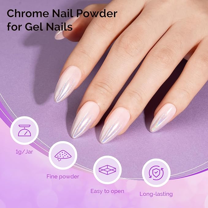 MelodySusie Chrome Nail Powder for Gel Nails,Holographic Laser Silver Metallic Mirror Effect Pigment Stylish Fine Glitter for Home DIY Salon Use Visit The MelodySusie Store