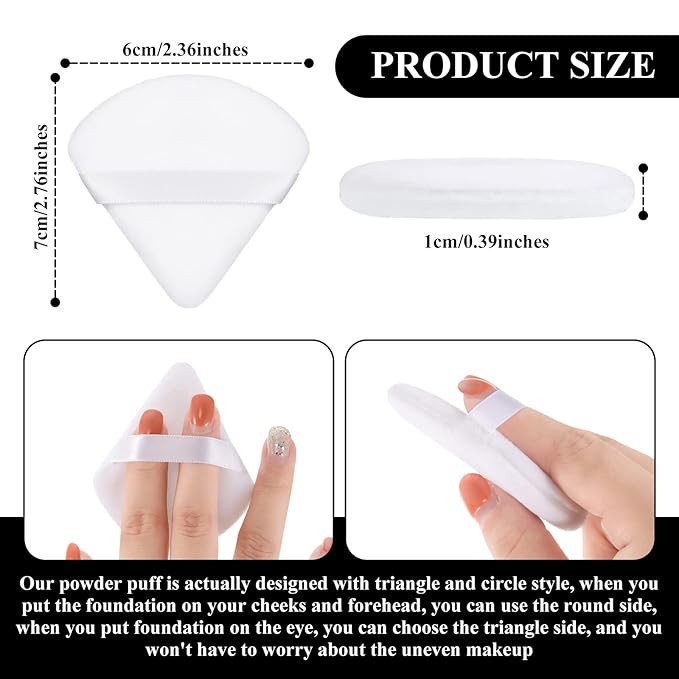 Maitys 12 Pcs Powder Puff Triangle for Face Makeup Cosmetic Loose Powder Puff Velour Soft Body Washable Reusable Foundation Sponge Wet Dry Makeup Tool for Women(Small,Black, White, Pink)