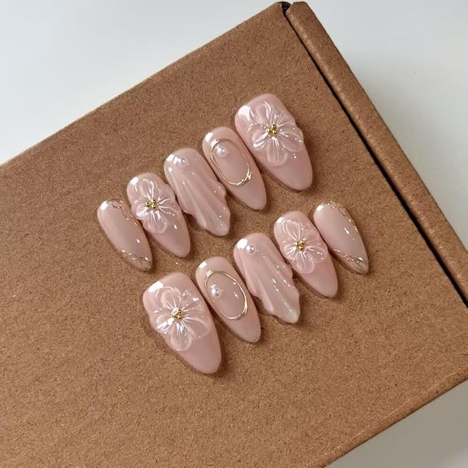 MAGLFELL 10 Pcs Medium Length Handamde Almond Press On Nails Reusable ABS Acrylic False Nails Set for Women (Size L)