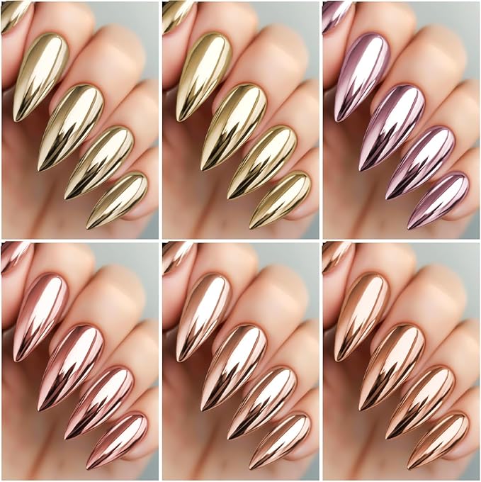 6 Jars Chrome Nail Powder Kit, Metallic Gold Chrome Nail Powder Super Mirror Effect Pigment Holographic Manicure Nail Glitter Powder Dust for Gel Polish Nail Art Decoration, Resin Craft
