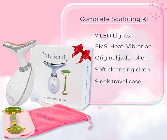 7 LED Light Beauty Tool – Face and Neck Massager with Jade Roller, Case, and Cloth (White)