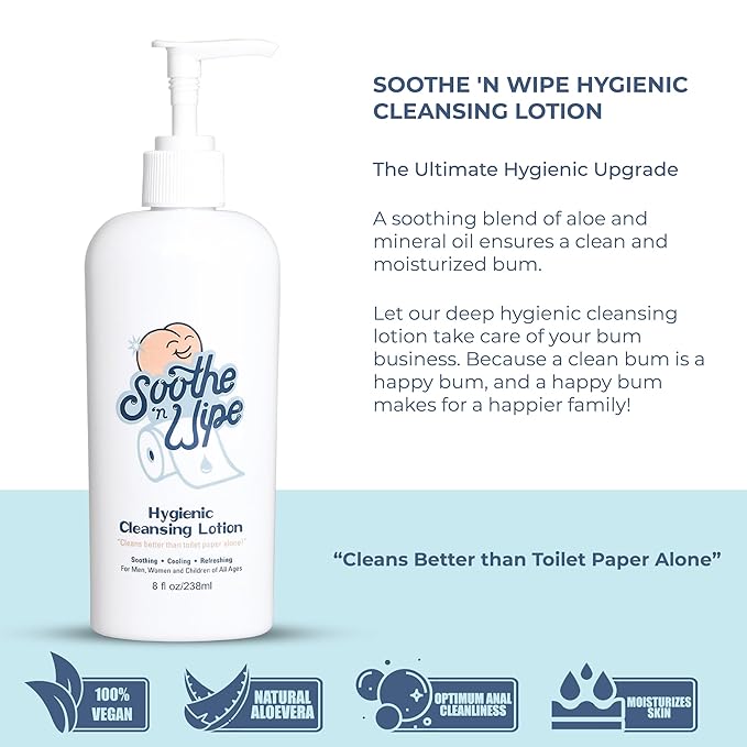 SOOTHE 'N WIPE Hygienic Cleansing Lotion, Flushable Wipe Alternative with Aloe & Moisturizers, Toilet Paper Moistener for Clean, Soft & Smooth Bum, Butt Cleaner, Sanitizing Lotion 8 Oz
