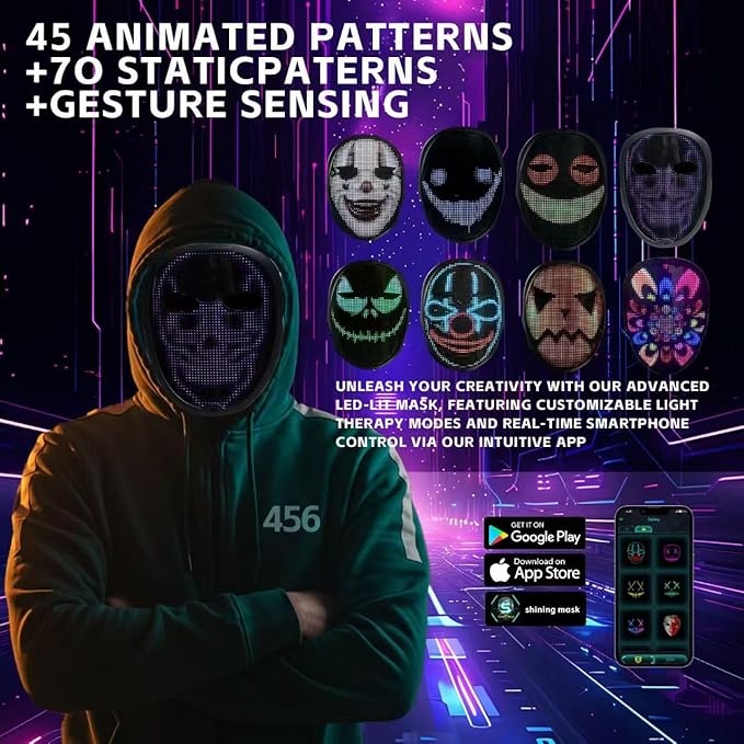 LED Mask with APP & Gesture Control - Perfect for Cosplay, Masquerade Balls & Party Costumes for Adult Unisex Mask