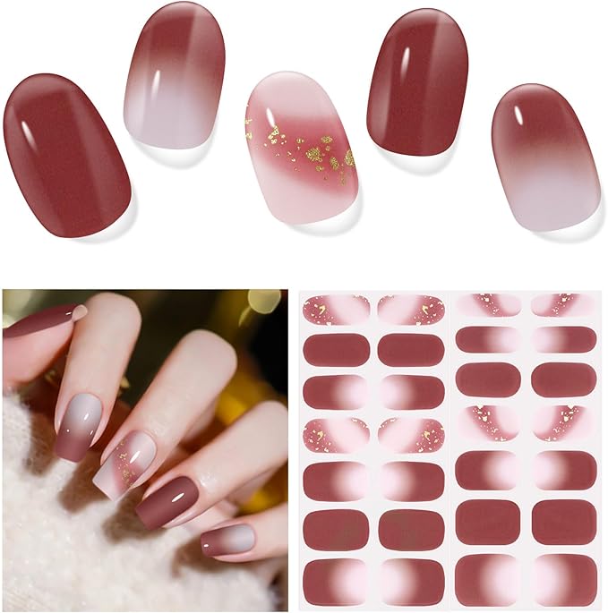 DUKASOU Semi Cured Gel Nail Strips, 56Pcs Nail Art Stickers/Wraps, Long Lasting UV Nail Polish Strips for Adults(Brown+Red)