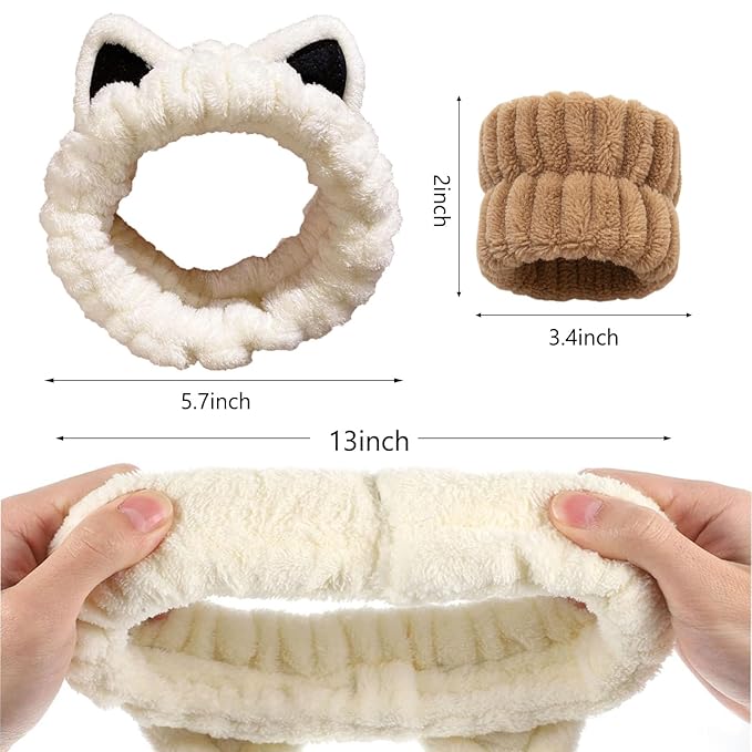 Cat Ears Headband, Cute Spa Headband and Wristband Set Washing Face Skincare Makeup Headbands for Women Girls Trendy Stuff Present Soft Coral Fleece Hair Accessories(1Beige+2Khaki)