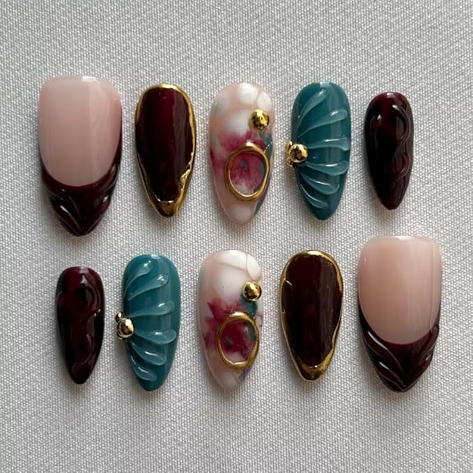 MAGLFELL Press On Nails - Handmade Medium Length Almond Fake Nails, Brown Rendering Painting Design, Reusable Artificial Almond False Nails for Women 10 Pcs Acrylic Nails Kit (Size L)
