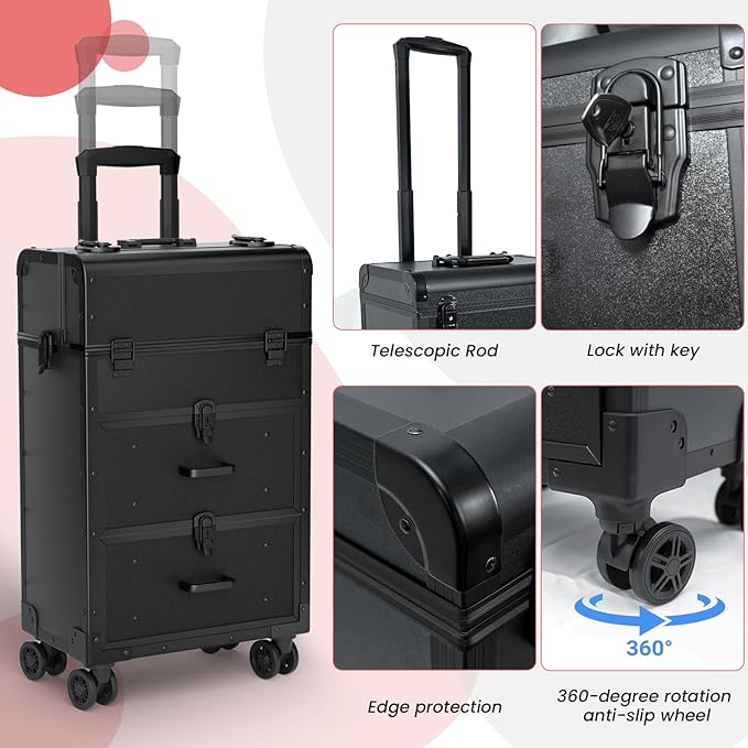Large Rolling Makeup Train Case, Professional Travel Cosmetology Case on Wheels with Drawers, 3 Tiers Nail Organizers Storage Case for Nail Tech, Tattoo, Hairstylist, Makeup, Extra Large