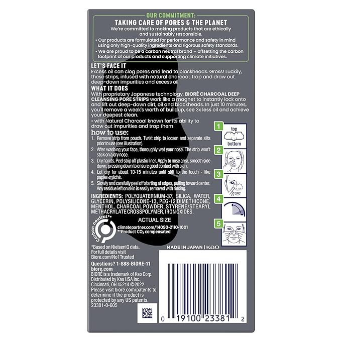 Biore Charcoal Deep Cleansing Pore Strips, Nose Strips for Blackhead Removal on Oily Skin, Features C-Bond Technology with Instant Pore Unclogging, 18 Count