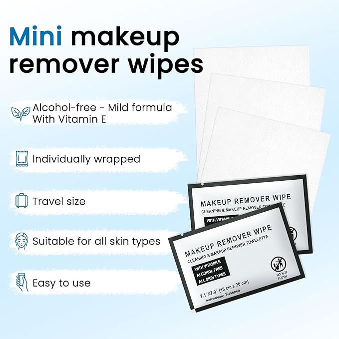 Individual Makeup Remover Wipes Bulk - Pack of 100,Black Individually Wrapped Face Cleansing Wipes Travel Size for Mascara,Lipstick,Skin Care,Hotel Toiletries