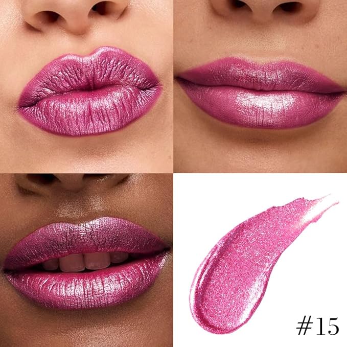 evpct Rose Metallic Glitter Lip Liner and Lipstick Combo Lip Gloss Stain Set Makeup for Women Long Lasting Waterproof 24, Metal Barbie Frosted Metallic Shimmer Glossy Iridescent Liquid Lipstick 15
