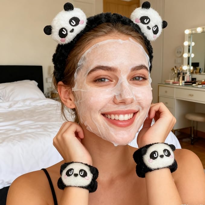 Gniwhd 6PCS Cute Cat Ears Spa Headband for Washing Face Makeup Skincare Headband with Wrist Bands, Sleepover Party Supplies for Women/Teen Girl Trendy Stuff Present (6PCS Panda, standard size)