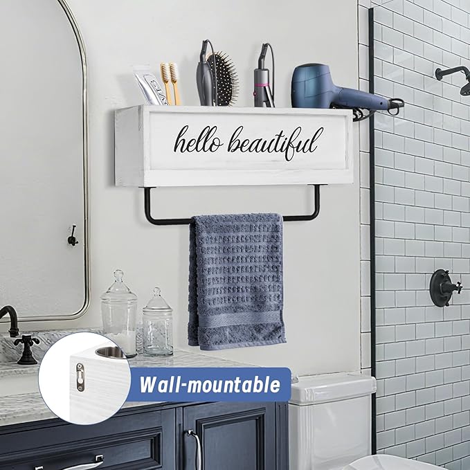 Hair Dryer Holder Wall Mounted, Hair Tools and Styling Organizer with Towel Bar, Farmhouse Beauty Hair Appliance Holder for Flat Iron, Curling Wand, Towel Rack (White)