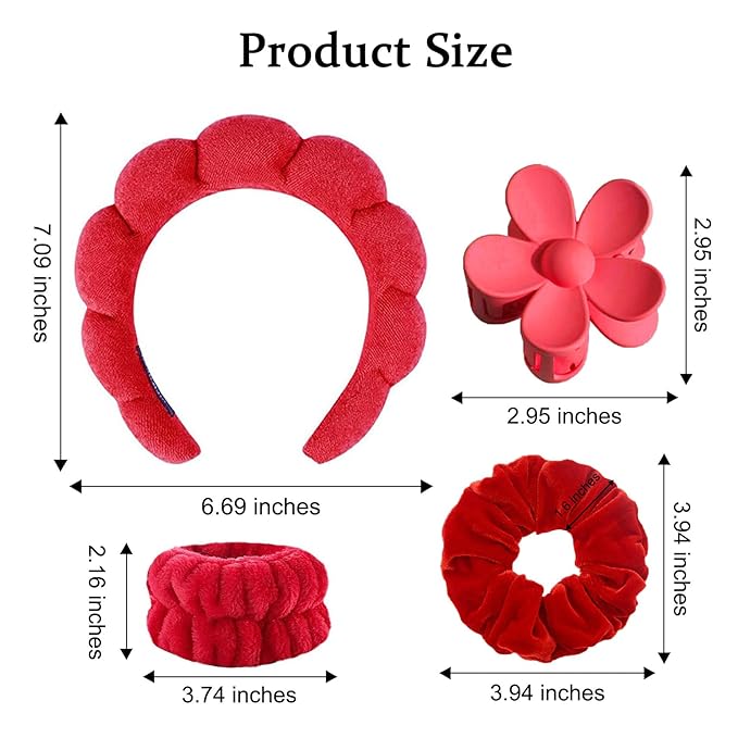 BluOcnMkt 6PCS Skincare Headbands for Women Red Spa Makeup Headband Set, Large Flower Hair Claw Clip, Velvet Elastic Hair Scrunchies