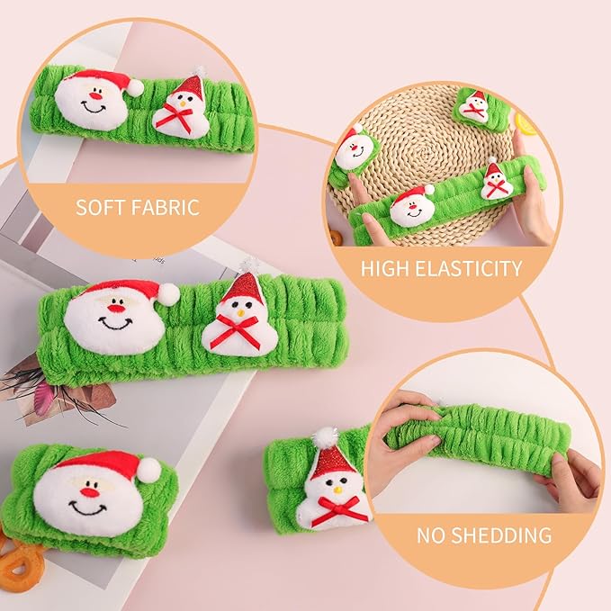 PERFECTSIGHT 2 Pack Cute Animal Headbands for Makeup Wash Shower Adjustable Elastic Hair Band for Girls and Women (Green Christmas)
