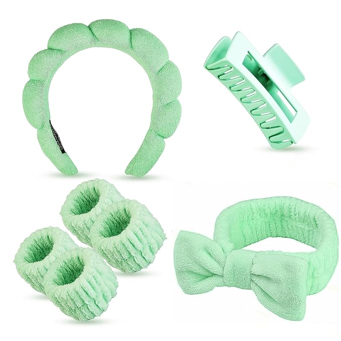 Yaqulen 7 Pcs Spa Set, Facial Headband and Wristband Set, Skincare Accessories, College Style Girl Idea Gifts, Hair Accessories for Women and Girls（Light Green）