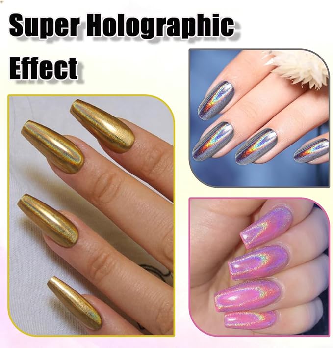 6 Jars Gold Silver Chrome Nail Powder, Holographic Unicorn Iridescent Nail Chrome Powder, Metallic Mirror & Laser Effect Glitter Pigment for Aurora Mermaid Nails, Resin Crafts & DIY Nail Decorations