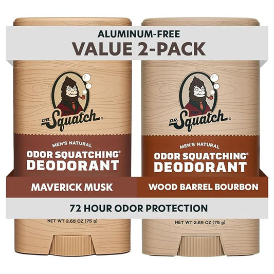 Dr. Squatch Natural Men’s Deodorant – Aluminum Free Natural Deodorant Men with Charcoal & Postbiotics for 72-Hour Odor Protection – Maverick Musk + Wood Barrel Bourbon, 2.65oz Stick (2-Pack)