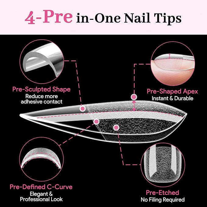 Qiek Medium Almond Pre-Building Nail Tips, 15 Sizes 240 PCS Pre-shaped Apex Clear Soft Press On Fake Nail Half Matte Gel Nail Extensions Strong Thick Acrylic Tip for DIY Beginners & Salon Manicure