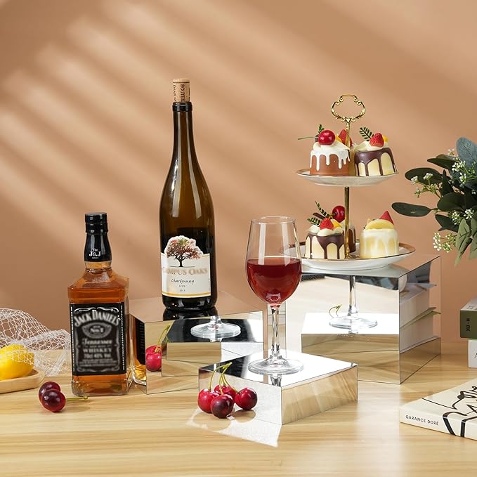 Display Riser Stands, 6pcs Silver Mirror Riser Stand, Acrylic Square Display Boxes, Tiered Food Display Buffet Riser, Purse Stand, Retail Product Showcase for Perfume Collection Jewelry Dessert Party