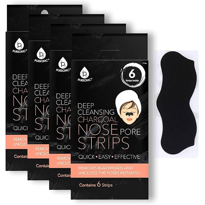 Pursonic Deep Cleansing Nose Strips Blackhead Remover - Charcoal Nose Pore Strips for Instantly Unclogging Pores, Easy-to-Use for All Skin Types - 24 Strips (Pack of 4)