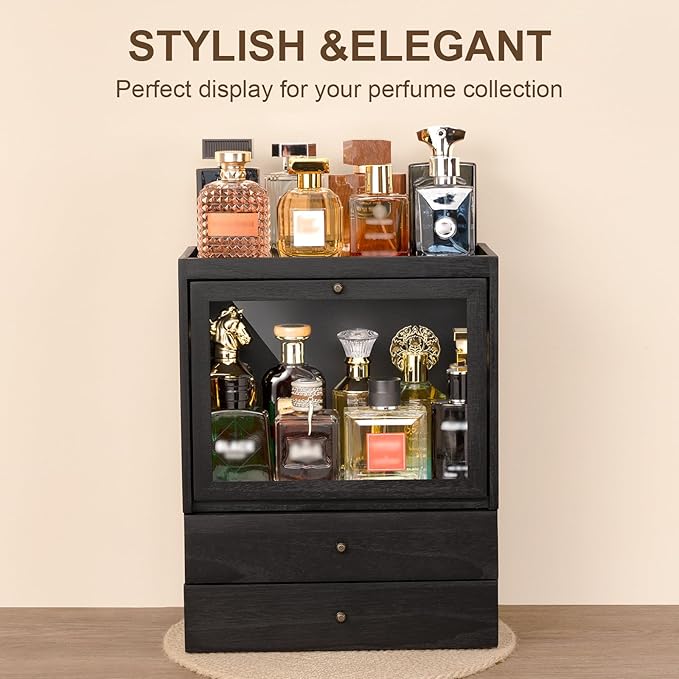 Emfogo Cologne Organizer, 4 Tier Vertical Wood Perfume Stand for Men, Large Capacity Dustproof Perfumes Organizer Cologne Stand with Double Drawer Storage, Gift for Loved ones (Black)