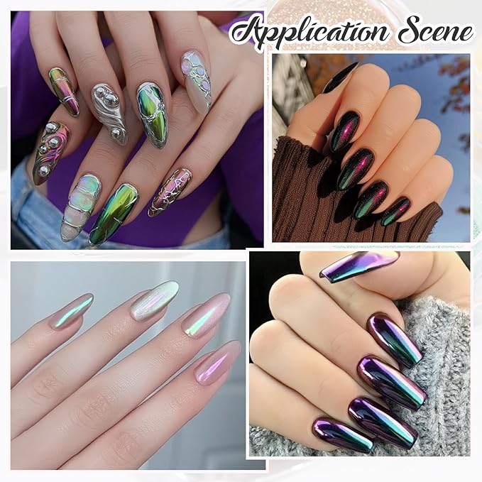 SUTOKAKA 6 Color Chrome Nail Powder Set Bright Iridescent Aurua Nail Glitter Dust Sequins Holographic Metallic Mirror Effect Pigment for Nail Gel Home Manicure Salon Use