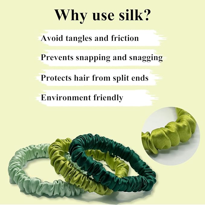 VLOMOT 3 Pcs Set 100% Pure Mulberry Silk Hair Scrunchies Hair Ties with 3 Chic Colors Everyday Skinny Scrunchies Silk Ponytail Holders Hair Care No Damage (Green)