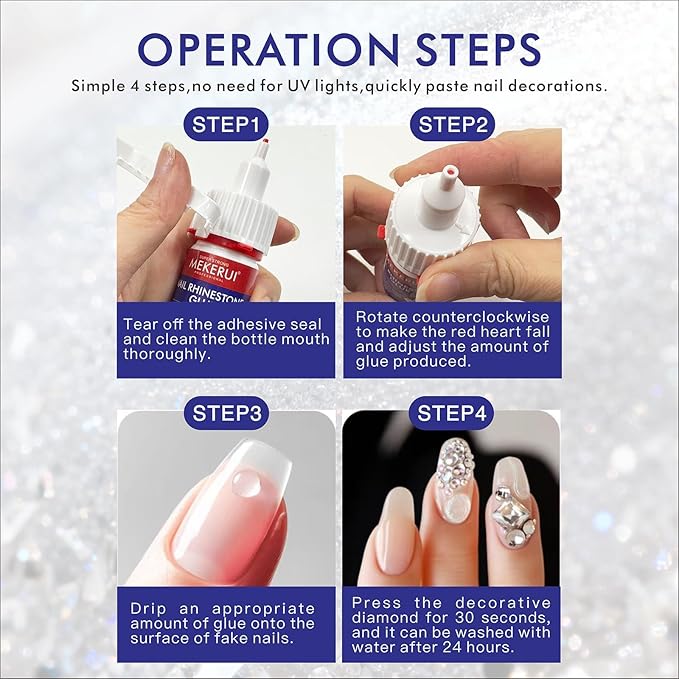 Mekerui Quickly Dry Rhinestone Glue for Nail – No UV Needed – Precision Dropper + Needle – 30+ Days Clear Hold – Nail Art Rhinestones Design Tools