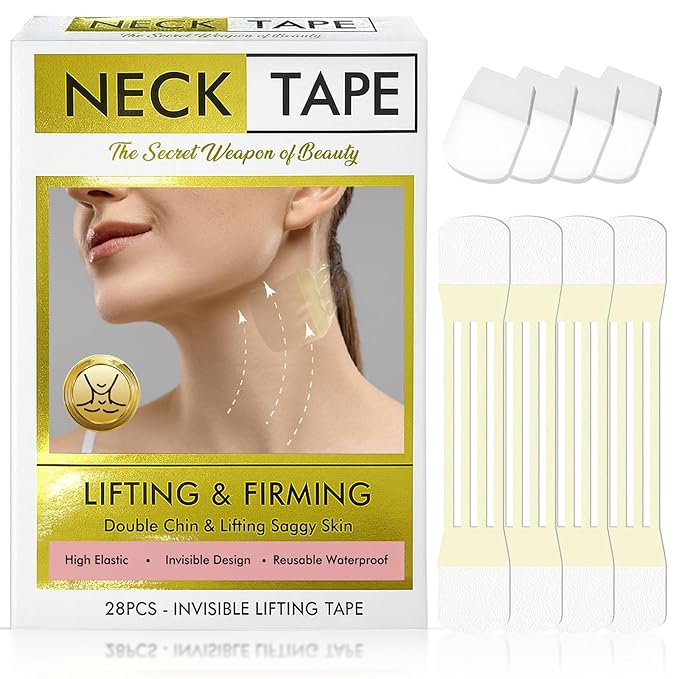 Skymore 28PCS Neck Tape Lifting Invisible for Sagging Skin & Double Chin, New Upgrade High Elasticity Breathable Face Tape (4 Elastic Bands + 20 Replacement Patches)