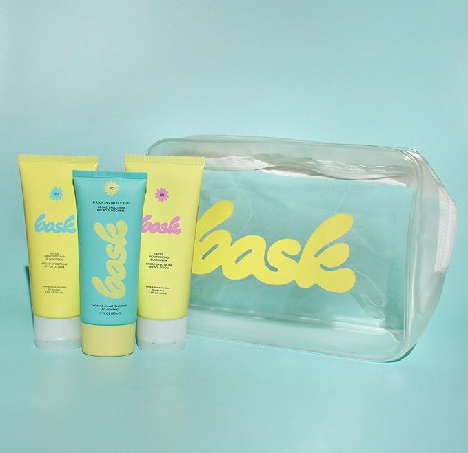 Bask Sunscreen Carry-on Kit: Travel Size Bundle with Beach and Travel Pouch | SPF 30 & 50 Sheer Moisturizing Sunscreen Lotion, Daily Invisible Gel SPF 40 Face Sunscreen, & Convenient Travel Pouch