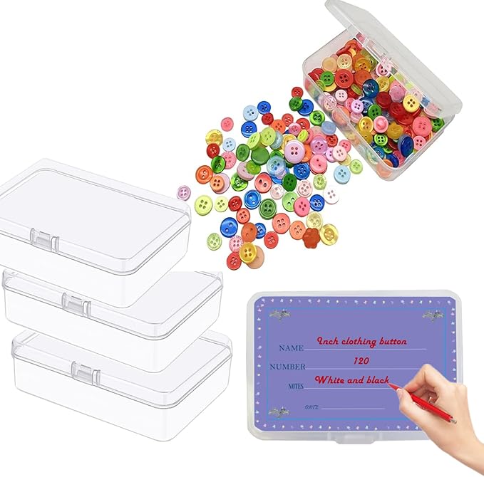 SJZQ 6PCS Mini Clear Rectangle Storage Organizer with self-adhesive handwritten labels, 3.4x2.4x1 Inch Small plastic containers case for Small Items, Hairpins, Buttons, Beads, Craft Accessories case