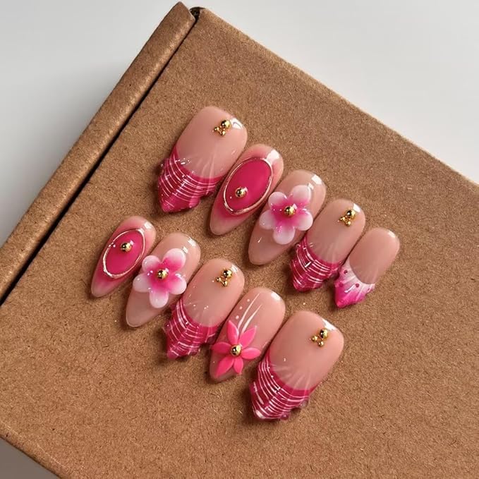 MAGLFELL Press On Nails Medium Almond Shape False Nails, Handmade Acrylic Gel Fake Nails with Art Designs, Reusable 10 Pcs 3D Nails for Women DIY Manicure Kit