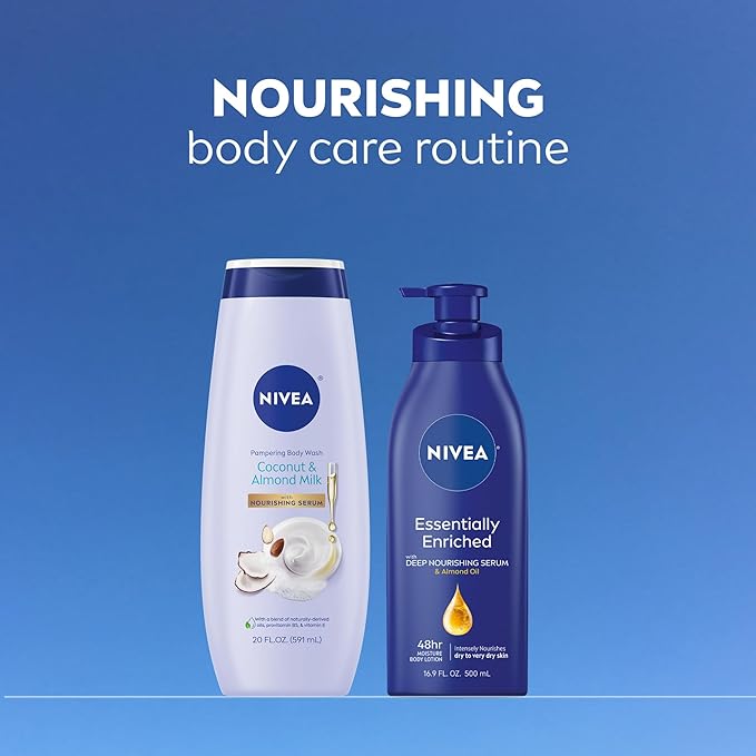 NIVEA Pampering Coconut and Almond Milk Body Wash with Nourishing Serum, Moisturizing Body Wash for Women, Enriched with Provitamin B5 and Vitamin E, 20 Fl Oz Bottle (Pack of 2)
