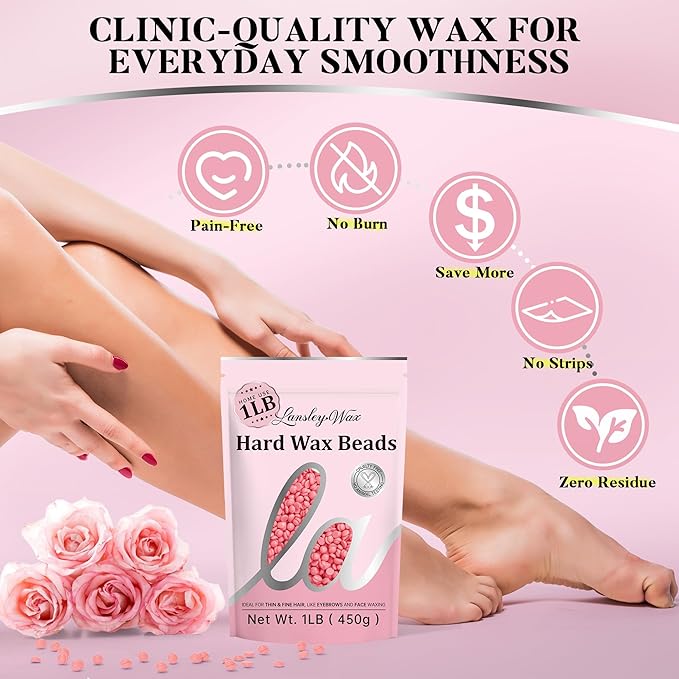 LANSLEYWAX Pink Hard Wax Beads, 1LB Wax Beans for Sensitive Skin & Full-Body Hair Removal, Brazilian/Bikini/Face/Legs/Eyebrow/Armpit/Chest Waxing Refill at Home for Women & Men, Stripless Formula