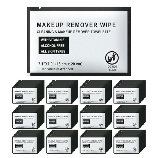 Individual Makeup Remover Wipes Bulk - Pack of 200,Black Individually Wrapped Face Cleansing Wipes Travel Size for Mascara,Lipstick,Skin Care,Hotel Toiletries