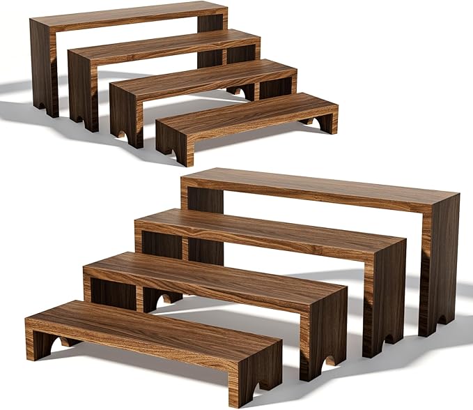 4 Tier Large Display Wooden Riser Stand 2 Set Decorative Rectangular Wood Racks 8 Pieces Stackable Perfume Organizer Cologne Stand Wood Dessert Table Display Set for Vendor Events (Dark Brown, 8PCS)