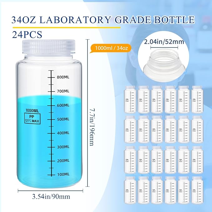 Tatuo 24 Pcs 34oz 1000ml Polypropylene Plastic Sample Bottles with Screw Caps Sample Containers with Lid for Liquids, Reagent, Pill, Travel, Laboratory, Storage at Home(Wide Mouth-dark Scale)