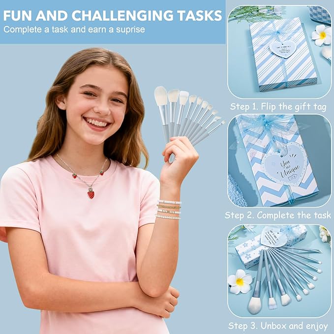 Christmas Gifts for Tween & Teen Girls, 11PCS Birthday Gifts Basket Teen Girls Trendy Stuff with Empowering Tasks Make up Brushes & Bag, Beauty Advent Calendar Wrapped Gifts Box