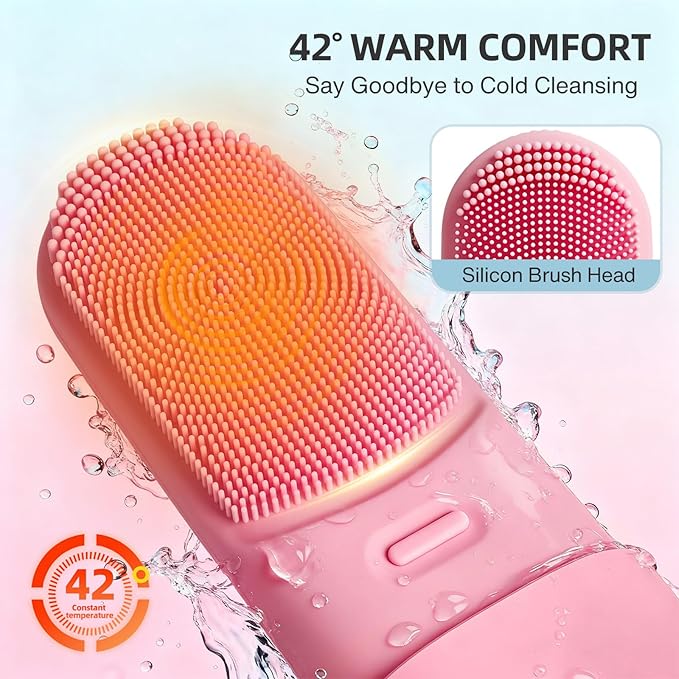 Facial Scrubber Electric Facial Cleansing Brush with Heated, Makeup Remover Cleansing Exfoliating and Massaging,3 Modes,Waterproof Rechargeable Portable Facial Brush for Woman & Men(Mist Rose Pink)