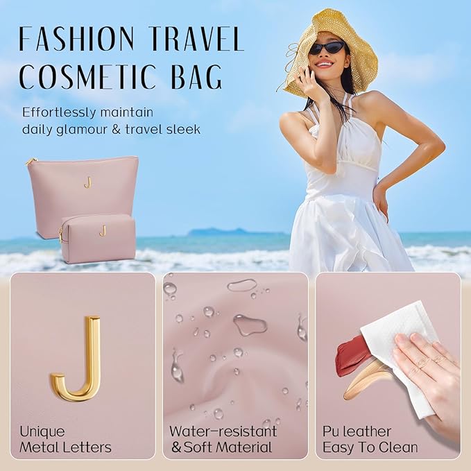 Women Gifts | Initial Makeup Bag Set for Girl Personalized Gifts for Bridesmaid Friend Graduation Teachers PU Leather Cosmetic Travel Toiletry Bag(Pink,J)