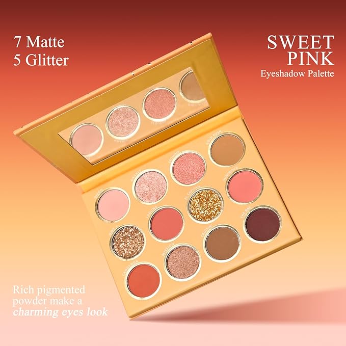 KYDA 12 Colors Warm Pink Eyeshadow Palette, Ultra-rich Glitter Rose Gold Eyeshadow, Matte Soft Pink Orange Eye Shadow Palette, Soft Blendable Powder, Warm Tone Eyes Makeup