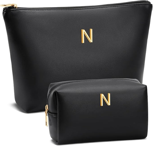 Women Gifts | Initial Makeup Bag Set for Girl Personalized Gifts for Bridesmaid Friend Graduation Teachers PU Leather Cosmetic Travel Toiletry Bag(Black,N)