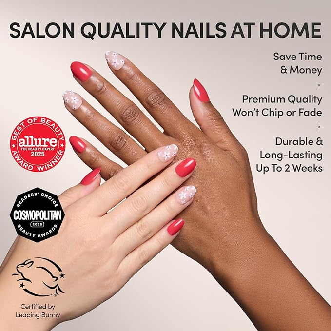 Glamnetic Press On Nails - Red Blossom | Glossy and Matte Short Oval Nails with Floral Accents, Salon Quality | 15 Sizes - 30 Nail Kit with Glue