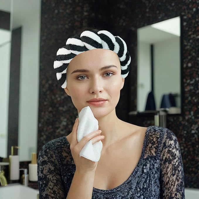 Yaqulen 7 Pcs Spa Set, Facial Headband and Wristband Set, Skincare Accessories, College Style Girl Gift, Hair Accessories for Women and Girls（Black White Stripe ）
