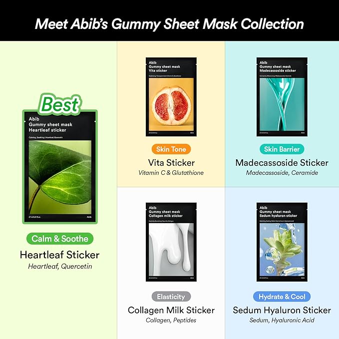 Abib Gummy Sheet Mask Sedum Hyaluron Sticker 10 Sheets (Moisturizing) I Korean Face Mask for Sensitive Skin, Soothing & Redness Relief, Daily Skincare Treatment, K-Beauty Sheet Mask