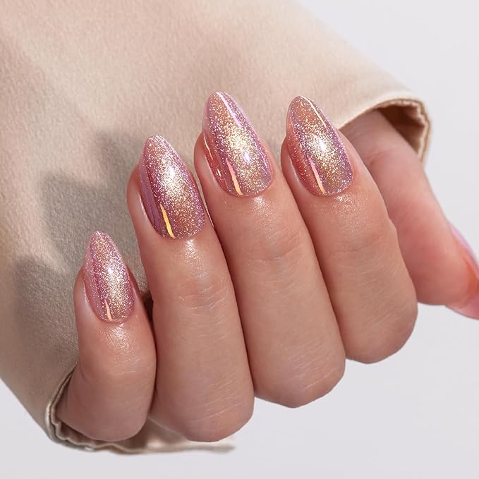 VSALON Press on Nails Short Almond - Pink Cat Eye Pastel Glitter Holographic Fake Nails Kit, Reusable Opaque Gel Chrome Glue on Nails with Glue & Cuticle Oil - Valentines Gifts for Women