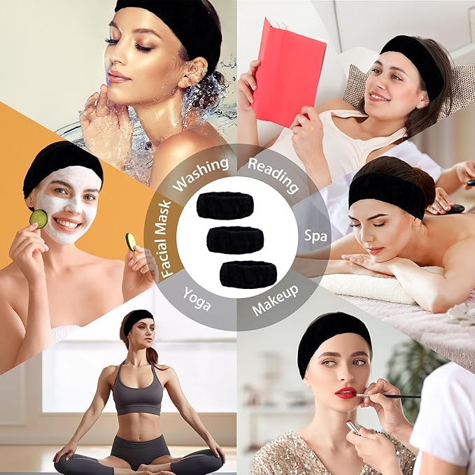 Pejnl Microfiber Spa Headband 3-Pack, Soft Terry Cloth Headband for Washing Face, Facial Mask, Makeup, Shower, Yoga, Gift for Women and Teens (Black x3)