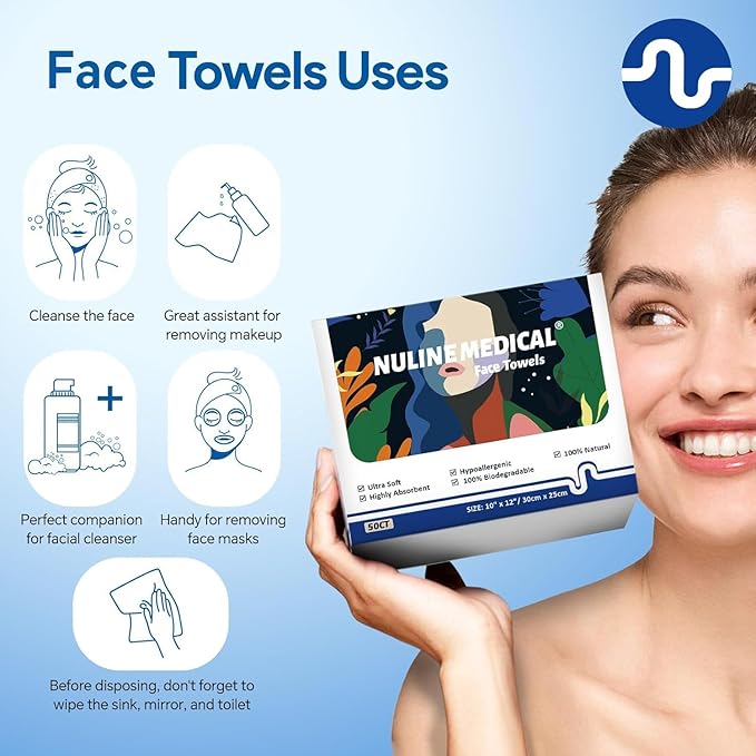 Ultra-Soft Disposable Face Towel - 50 Count/Box, 10" x 12", Biodegradable Face Towel, Superior for Sensitive Skin Face Towelette, Personal Hygiene (50 Count (1 Box）)